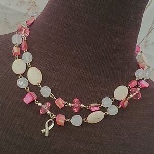 Silvertone pink beaded breast cancer awareness necklace